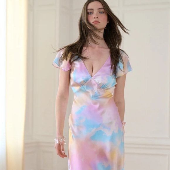 Selkie Dresses & Skirts - SELKIE The Dopamine Flutter Rainbow Slip Silk Dress NWT